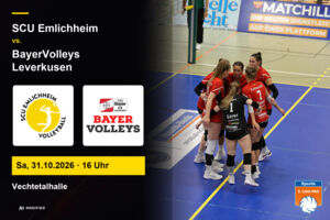 Spielerinnen der BayerVolleys Leverkusen stehen während eines Volleyballspiels in einem Kreis zusammen und besprechen sich auf dem Spielfeld.