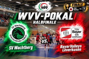 Grafik zum WVV-Pokal-Halbfinale im Frauen-Volleyball mit Original-Hintergrundfoto aus einer Spielszene in der Halle. Links das Logo von SV Wachtberg, rechts das Logo der BayerVolleys Leverkusen, dazwischen der Schriftzug „VS.“. Oben steht „WVV-Pokal Halbf